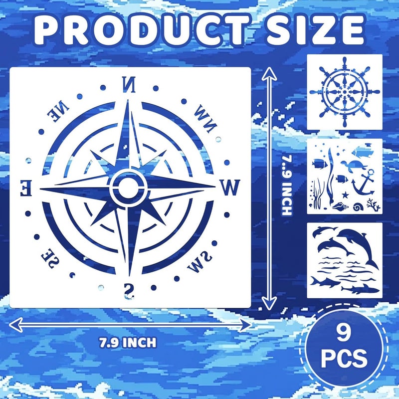 Resflyar 9 PCS Compass Anchor Stencils Plastic Nautical Theme Painting Templates, Sailboat Beacon Stencils for DIY Crafts Scrapbooking Wood Floor Wall Decor 7.9 x 7.9 Inch - Image 2